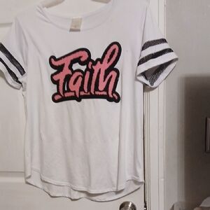 White and Pink Shirt with 'Faith' Design